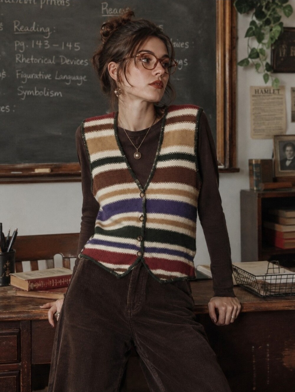 90's Vintage Striped Knit Button Front Earthy Tone Teacher Vest Size Medium